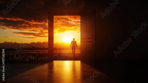 A silhouette of a person stepping through an open door into a vibrant sunset, symbolizing new beginnings and opportunities.