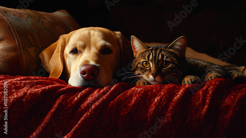 Dog and cat relaxing together on a cozy red blanket photo