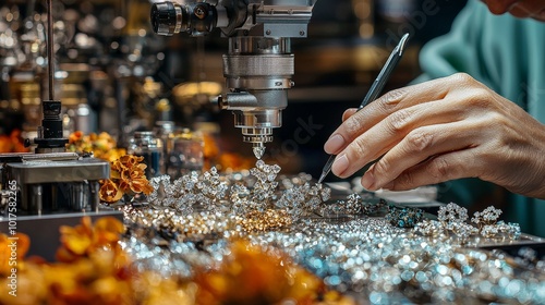 A jeweler meticulously crafting intricate designs with sparkling gems and precise tools. photo