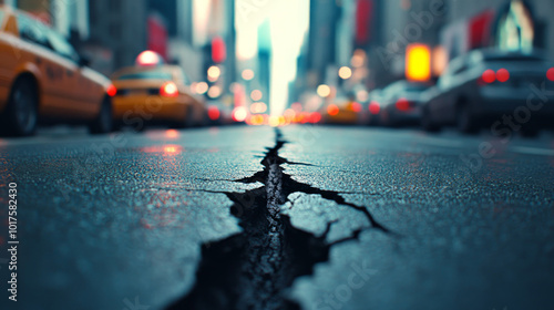 A crack in the pavement of a city street, with cars blurred in the background.