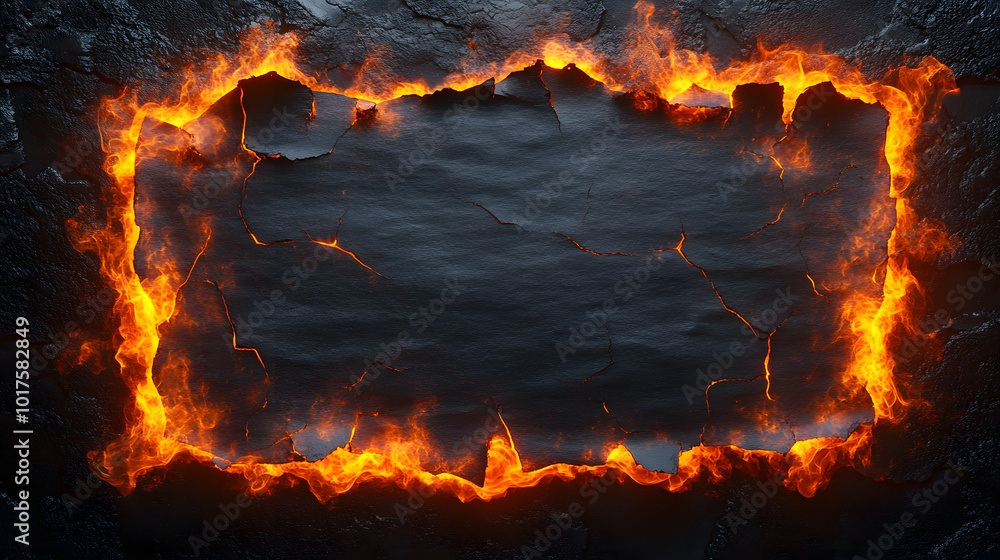 A black rectangular paper surrounded by flames, isolated on a contrasting background, symbolizing intensity and drama. This striking image captures the essence of passion and conflict, making it an id A black rectangular paper surrounded by flames, isolated on a contrasting background, symbolizing intensity and drama. This striking image captures the essence of passion and conflict, making it an id