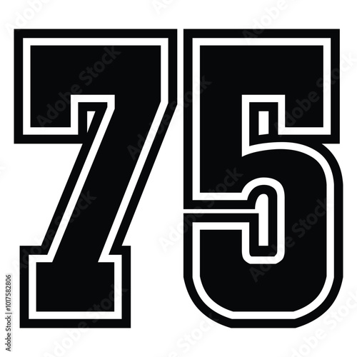75 Classic Vintage Sport Jersey Uniform numbers in black with a black outside contour line number on white background for American football, Baseball and Basketball or soccer for shirt