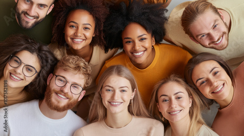 A diverse group of happy young adults smiling together, showcasing friendship and joy. Their vibrant personalities shine through in warm, inviting atmosphere