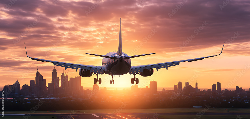 Airplane taking off at sunset with city skyline in background, dramatic sky. Airplane taking off at sunset with city skyline in background, dramatic sky.