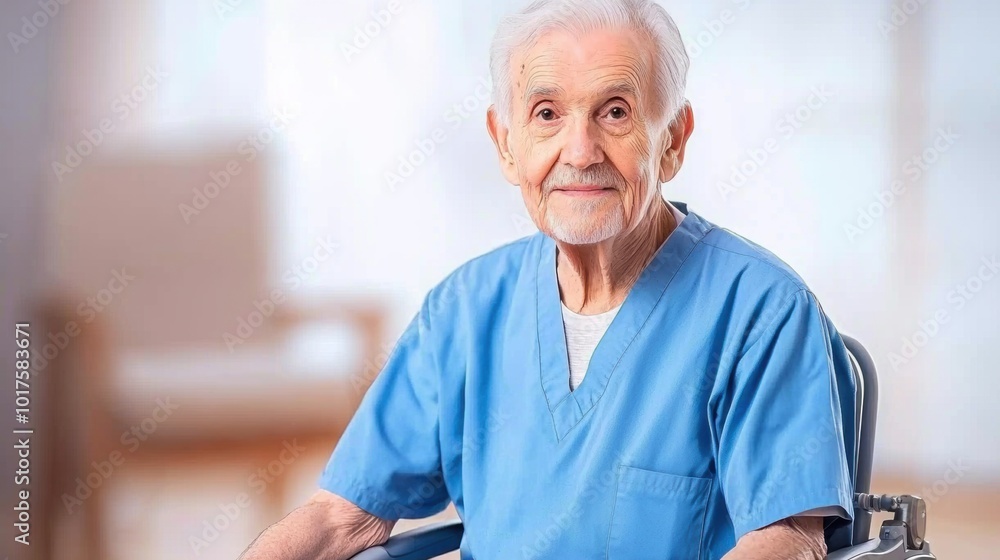 Caring Senior Man in Blue Scrubs Smiling in Wheelchair Caring Senior Man in Blue Scrubs Smiling in Wheelchair