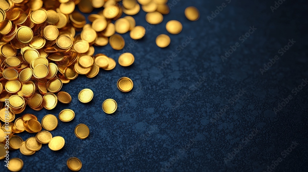 Golden Coins Scattered on Blue Background with Copy Space Golden Coins Scattered on Blue Background with Copy Space