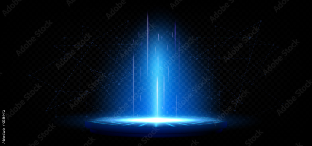 Blue tech magic game portal with light effect. Realistic 3d vector illustration of podium with hologram neon glowing beams. Futuristic fantasy scifi teleport technology platform with laser rays.