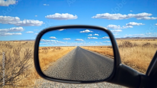 Rear-View Mirror of Car: View of an open road and clear blue sky reflected in a cara??s rear-view mirror, capturing a sense of travel and freedom.