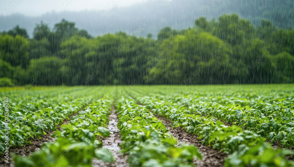 Heavy rain falling on young potato plants growing in rows on farm field Heavy rain falling on young potato plants growing in rows on farm field