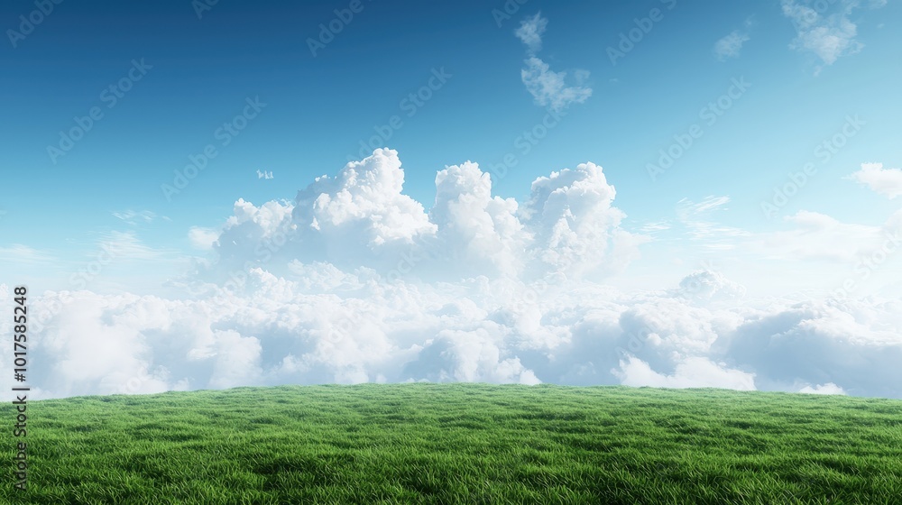 Obraz premium Green Grass Meadow with Blue Sky and Puffy Clouds Nature Landscape Background