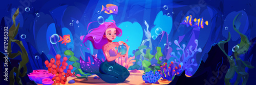 Cute fairy mermaid sit on sea or ocean bottom with bubble in hand. Cartoon vector illustration of underwater landscape with bright tropical corals and seaweeds, fishes and girl with tail and long hair