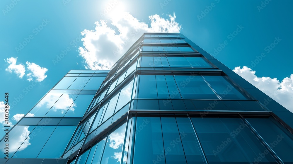 Modern Glass Skyscraper Against a Blue Sky Modern Glass Skyscraper Against a Blue Sky