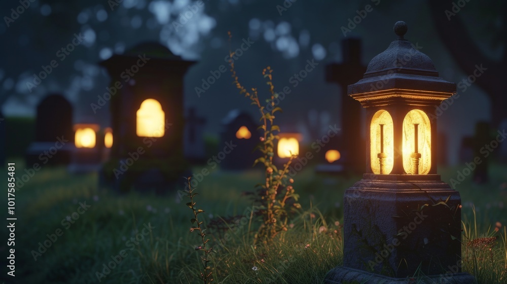 Illuminated Stone Lanterns in a Graveyard at Night Illuminated Stone Lanterns in a Graveyard at Night