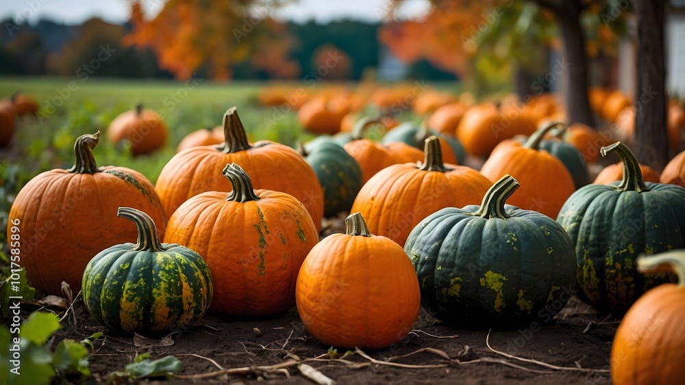 Pumpkins in a Vibrant Autumn Field During Harvest Season, Showcasing a Variety of Sizes and Colors Pumpkins in a Vibrant Autumn Field During Harvest Season, Showcasing a Variety of Sizes and Colors