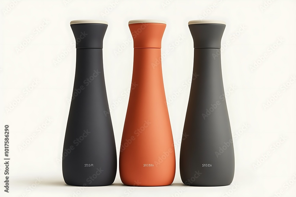 Three stylish water bottles in varying colors and shapes. Three stylish water bottles in varying colors and shapes.