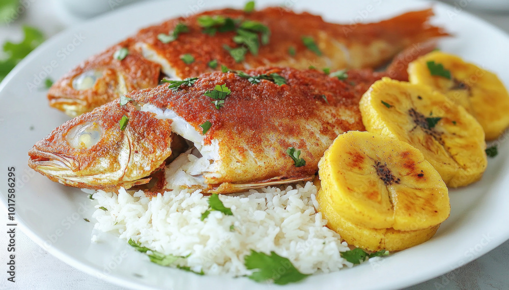 Two fried whole fish served on white plate with plantains and rice Two fried whole fish served on white plate with plantains and rice