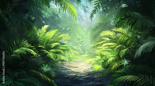 A lush, green jungle path with sunlight filtering through the canopy.