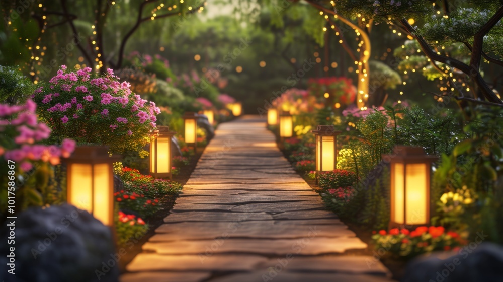 Fototapeta premium Illuminated Garden Path: Stone Walkway with Fairy Lights
