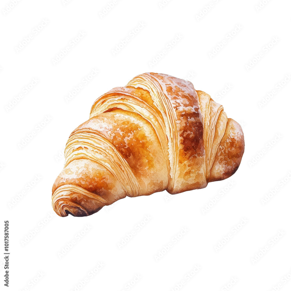 A croissant in watercolor style, isolated on a white background, with soft, elegant brushstrokes and vibrant golden hues. PNG A croissant in watercolor style, isolated on a white background, with soft, elegant brushstrokes and vibrant golden hues. PNG
