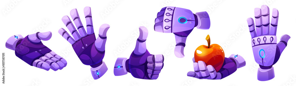 Android robot hand in different gestures and positions - waving and stretching for give help, thumb up and down, holding red apple. Cartoon vector set of artificial intelligence humanoid bot arm. Android robot hand in different gestures and positions - waving and stretching for give help, thumb up and down, holding red apple. Cartoon vector set of artificial intelligence humanoid bot arm.