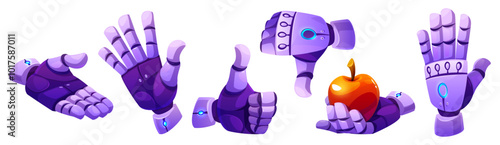 Android robot hand in different gestures and positions - waving and stretching for give help, thumb up and down, holding red apple. Cartoon vector set of artificial intelligence humanoid bot arm. photo