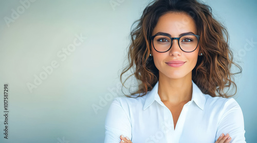 Confident woman in glasses smiles against a light blue background.