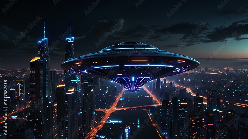 hyperrealistic alien spacecraft hovering over neonlit cityscape at ...