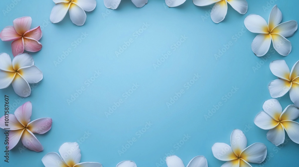 Plumeria flower and leaves rounded frame blank center space nature background Plumeria flower and leaves rounded frame blank center space nature background