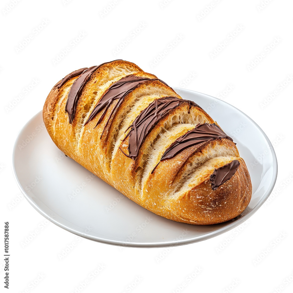 Chocolate French bread on a white plate, isolated on a white background, emphasizing its rich, chocolate-infused texture and golden crust. PNG Chocolate French bread on a white plate, isolated on a white background, emphasizing its rich, chocolate-infused texture and golden crust. PNG