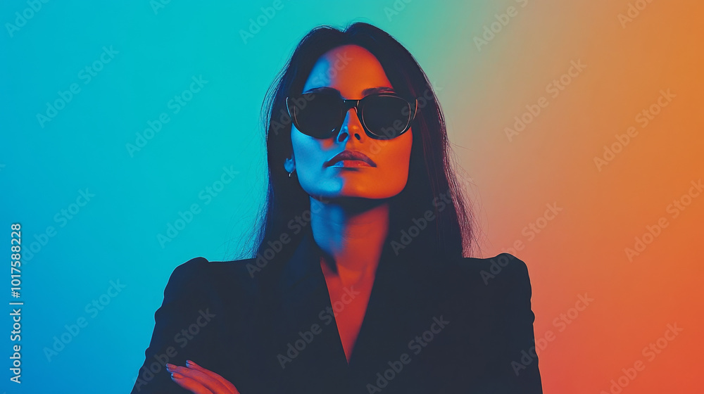 Woman in sunglasses with blue and orange lighting Woman in sunglasses with blue and orange lighting