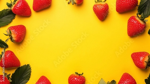 Strawberry fruit fresh organic botanical harvesting real food border frame empty center ywllow background photo