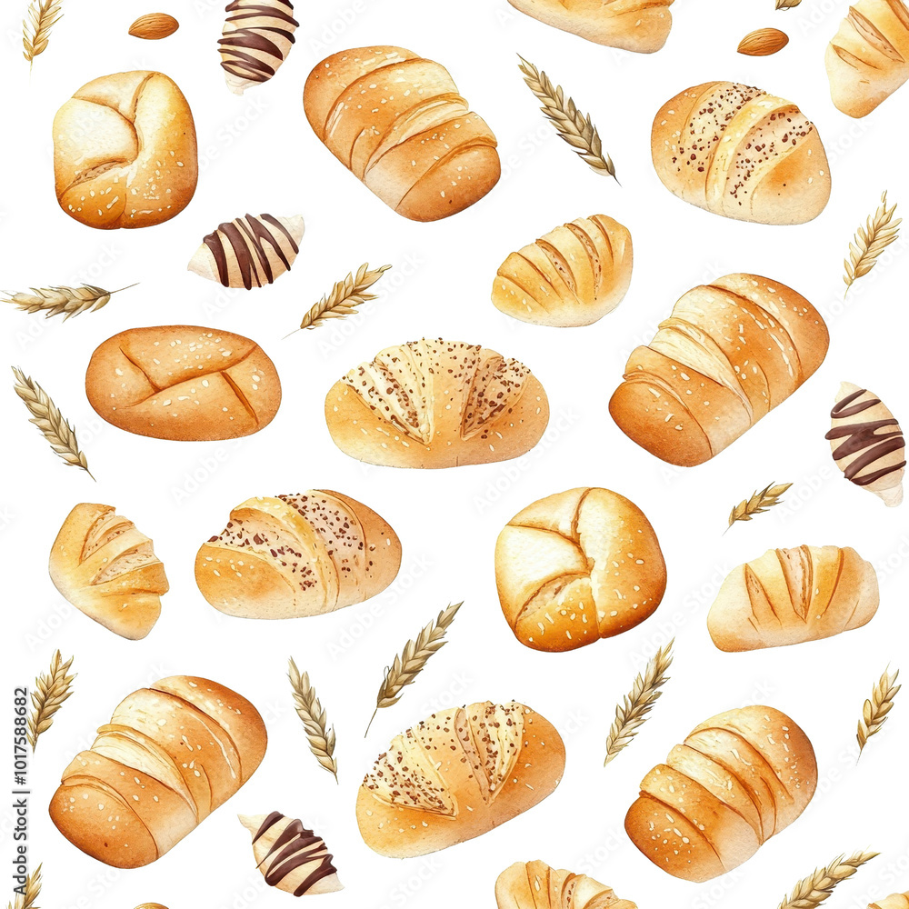 Watercolor seamless pattern featuring Whole wheat chocolate bread loaves, isolated on a white background, with artistic and delicate brushstrokes. PNG Watercolor seamless pattern featuring Whole wheat chocolate bread loaves, isolated on a white background, with artistic and delicate brushstrokes. PNG