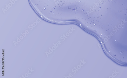 Purple pastel background with gel texture in corner for face and body care product presentation. Realistic 3d vector illustration of beauty moisture serum water or liquid cosmetic cream border.
