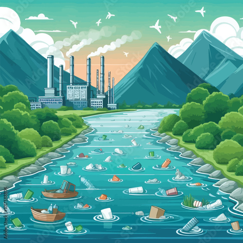 peaceful river landscape interrupted by floating plastic illsutration 