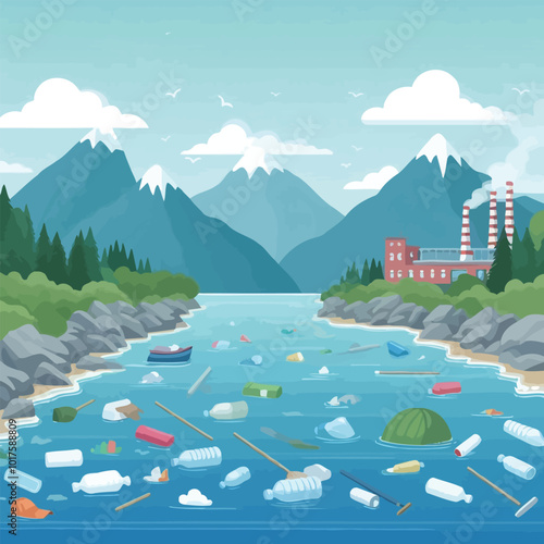 peaceful river landscape interrupted by floating plastic illsutration 