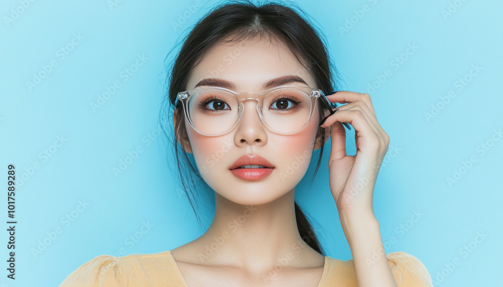 Beautiful korean woman adjusting eyeglasses posing on blue background Beautiful korean woman adjusting eyeglasses posing on blue background