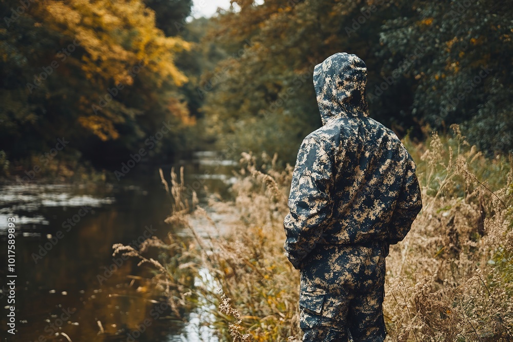 Person in camo gear by autumn river, blending with nature Person in camo gear by autumn river, blending with nature