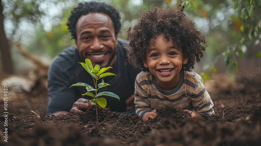 A joyful father and child planting a tree together, promoting environmental awareness. A joyful father and child planting a tree together, promoting environmental awareness.