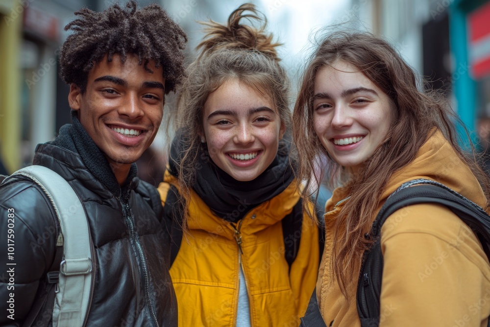 Multiracial group of friends having fun together outdoors on city street- Young cheerful people walking hugging outside- Next gen z lifestyle concept-Smiling student enjoying vacation. Generative AI Multiracial group of friends having fun together outdoors on city street- Young cheerful people walking hugging outside- Next gen z lifestyle concept-Smiling student enjoying vacation. Generative AI