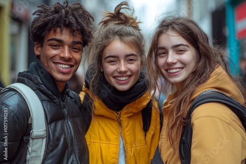 Multiracial group of friends having fun together outdoors on city street- Young cheerful people walking hugging outside- Next gen z lifestyle concept-Smiling student enjoying vacation. Generative AI