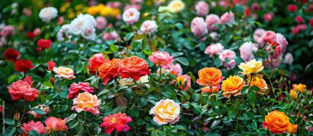Vibrant Natural Rose Garden Display with Colorful Blossoms Vibrant Natural Rose Garden Display with Colorful Blossoms