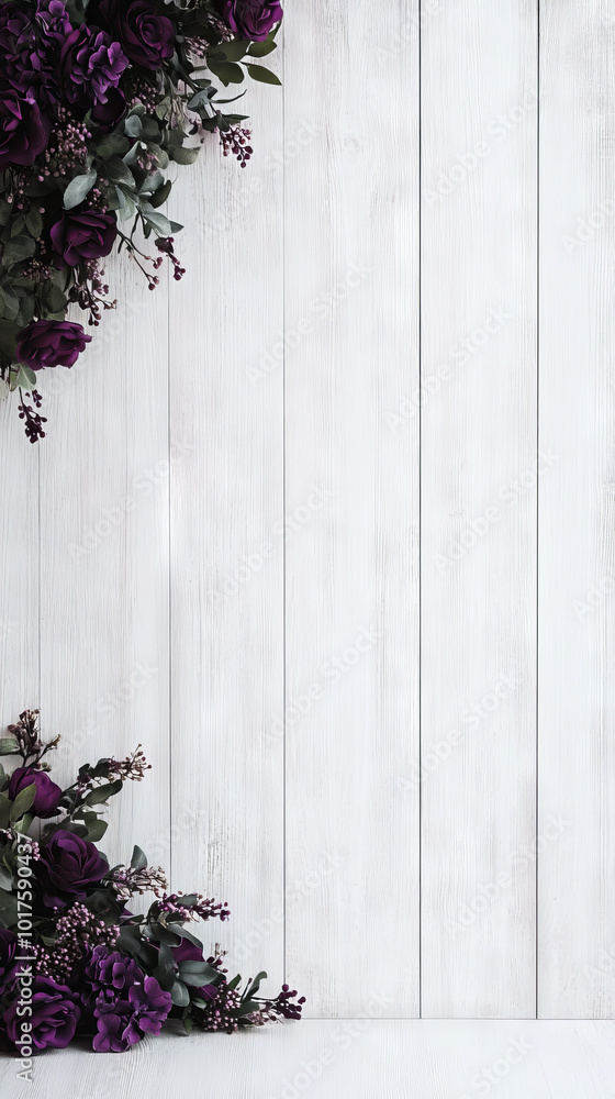 Fototapeta premium Purple flowers frame a white wood background.