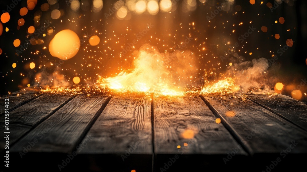 Obraz premium A wooden table's edge burns with bright flames, sending sparks and smoke into the air, creating a dramatic and fiery product display.