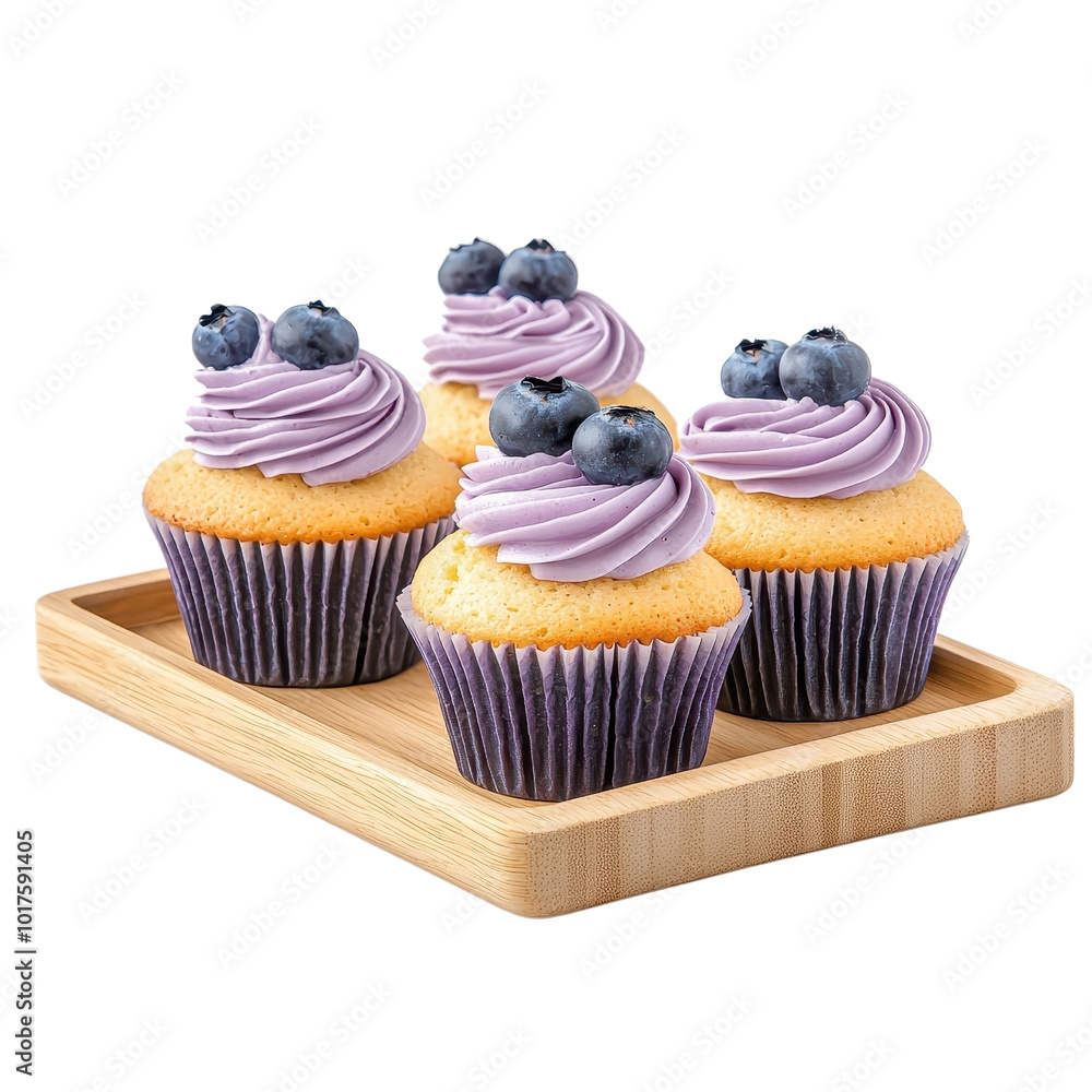 Blueberry cupcakes on a wooden tray, isolated on a white background, rustic and charming. PNG Blueberry cupcakes on a wooden tray, isolated on a white background, rustic and charming. PNG