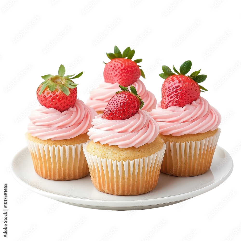 Strawberry cupcakes on a plate, isolated with a white background, elegant and appealing. PNG Strawberry cupcakes on a plate, isolated with a white background, elegant and appealing. PNG