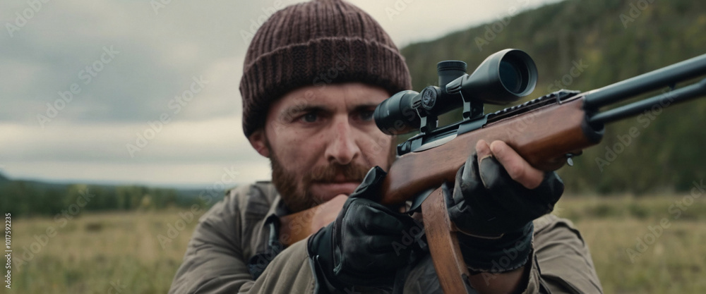 Focused Hunter with Rifle in Forest Setting Focused Hunter with Rifle in Forest Setting