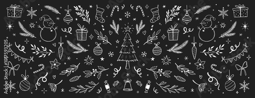 Christmas drawn holly line decor, pine branch, snowflake background. Hand drawn doodle sketch holly floral, christmas tree leaves, winter pine. Holiday ornament sketch doodle. Vector illustration