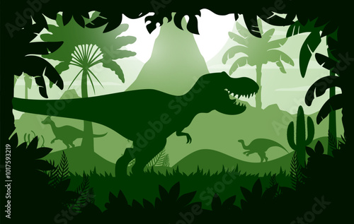 Prehistoric T Rex tyrannosaurus dinosaur silhouette in forest jungle, vector cartoon background. Prehistoric Jurassic giant T-rex lizard dinosaur in forest with volcano mountain and palms silhouette