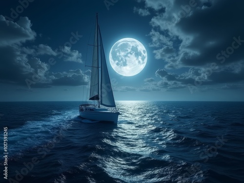 Solitary sailboat glides across moonlit ocean under full moon's silver glow. Rippling waters reflect celestial light creating luminous pathway. 