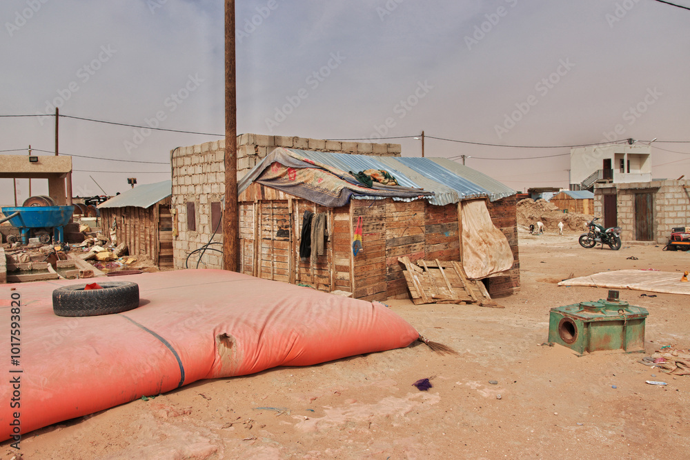 Nouakchott, Mauritania - 06 Jan 2022: Factory next to a gold mine in Sahara desert not far Nouakchott, Mauritania, West Africa